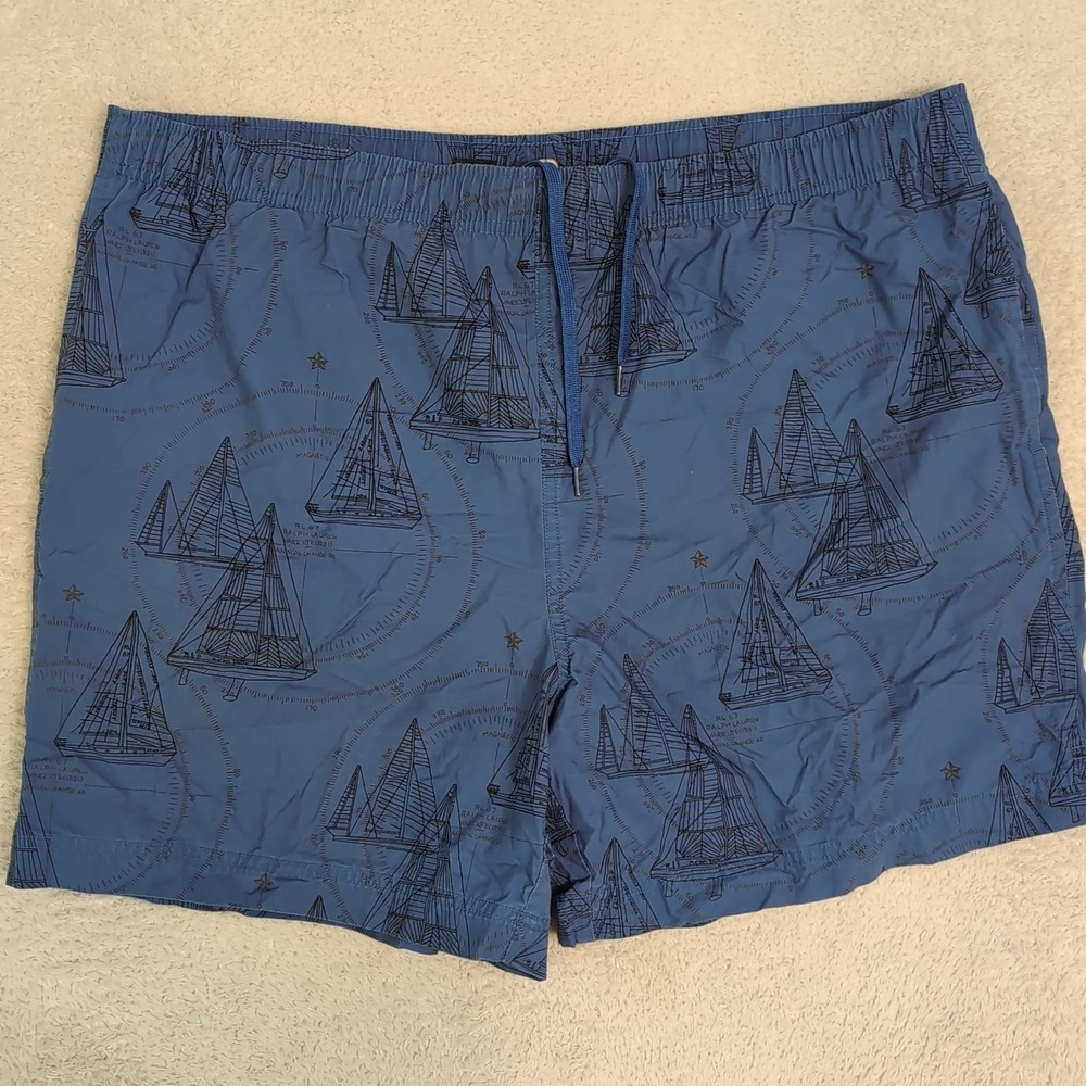 Ralph Lauren Polo Sport Swim Trunks Mens L Hawaiian‎ Print Blue Lined Beach Y2K